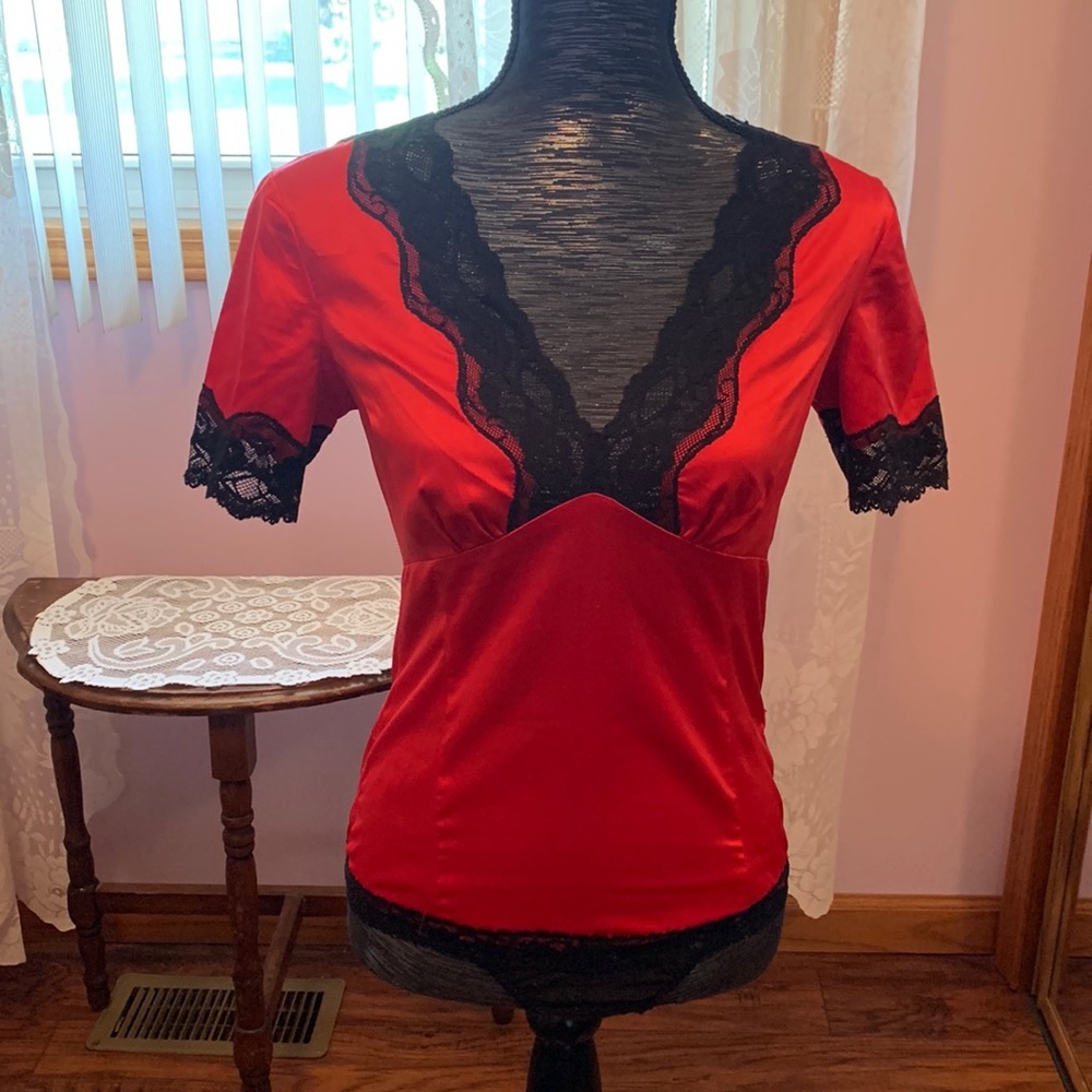 Red and black lace bodysuit